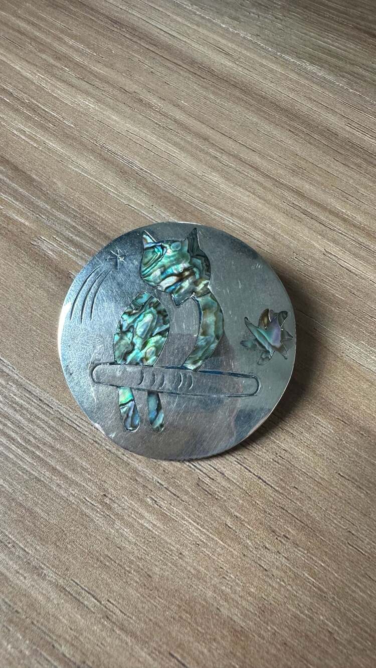 Vintage Taxco Mexico Sterling Silver Abalone Inlay Owl Pin Pendant